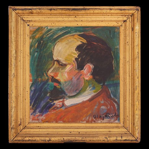 Portrait of the Danish artist Axel P Jensen by 
Olaf Rude. Oil on canvas. Signed. Visible size: 
43x40cm. With frame: 62x59cm