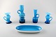 Collection of Swedish art glass, 4 turquoise vases and a dish in modern design.