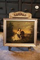 Antique, 19th century painting on wood with a motif of a young girl with her dog 
in the garden...