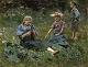 Dansk 
Kunstgalleri 
presents: 
"3 
children 
playing in a 
meadow" oil 
painting on 
cardboard.