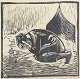 L'Art presents: 
Olivia 
Holm-Møller, 
Denmark.
Woodcut 
depicting a 
kneeling figure 
in front of a 
tent. Signed 
...