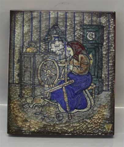 Danish Art Pottery Michael Andersen 6373 Relief with old woman working 35 x 30,5 
cm MS Marianne Starck