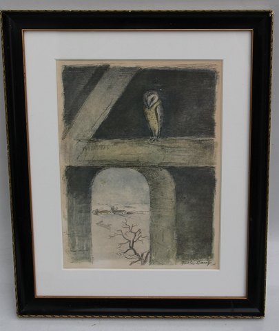 Etching: Falke Bang (1912-1998) Denmark  Barn Owl 39 x 32.3 cm including the 
frame
