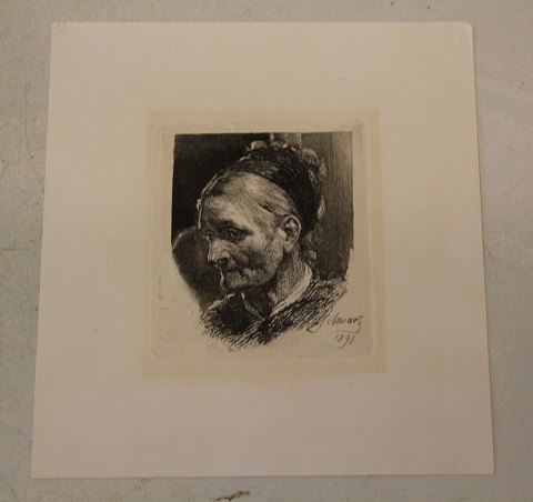 Nr 31. 1891 Gammel kone halvprofil mod venstre. Der er trykt 8 ekspl. Og pladen 
er udslebet. Lysmål 10 x 8.8 cm Frans Schwartz 1850-1917, maler og raderer