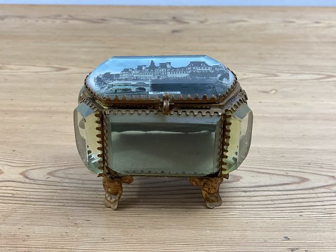 French jewelry box of glass and gilded brass, circa 1900-1910 from Paris with 
picture of the town hall in the French capital