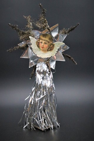 Old "top star" for the Christmas tree in silver foil and tinsel with angels 
gloss image. H:38cm. 
Star Dia.:24cm.