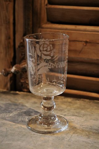 Old mouth-blown 1800s French Souvenir wine glass with engraved writing 
"Souvenir" 
(In memory)...