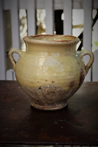 Decorative 1800s clay jug with handle from the South of France with 
cream-colored glaze...