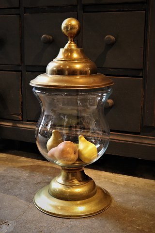 LARGE, old French candy jar "pot á bonbon" in glass with brass lid and base...