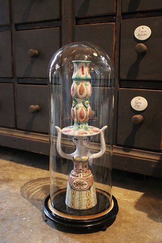 Decorative, old cylinder-shaped French glass Dome / Globe on a black wooden base 
for exhibition. H:53cm.