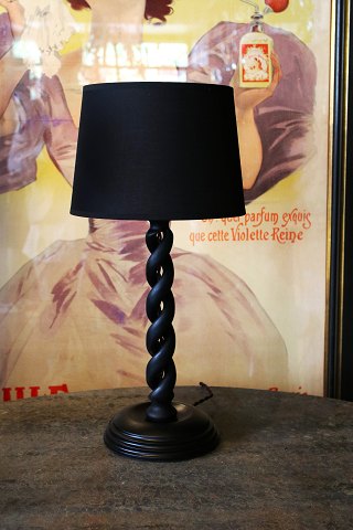 Old English table lamp in black painted twisted wood with black fabric 
lampshade...
