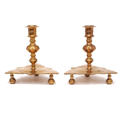 Pair of Baroque brass candlesticks Denmark or 
Sweden circa 1700-20. H: 24cm. Base W: 20cm