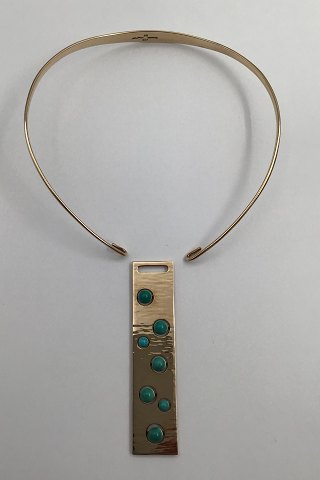 Hans Hansen 14K Gold Neckring with Turquoise Pendant No. 027 Bent Gabrielsen