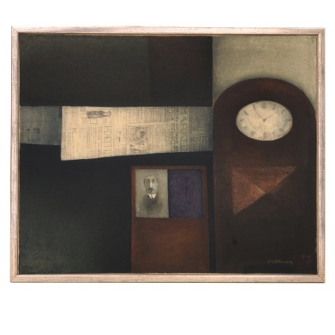 Albert Bertelsen, 1921-2019, oil on canvas. 
"Stillife with Clock". Signed and dated 1973. 
Visible size: 81x100cm. With frame: 87x106cm