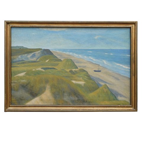 Niels Bjerre, 1864-1942, olie på lærred. Stranden 
ved Harboøre. Signeret og dateret 1921. Lysmål: 
53x81cm. Med ramme: 62x90cm