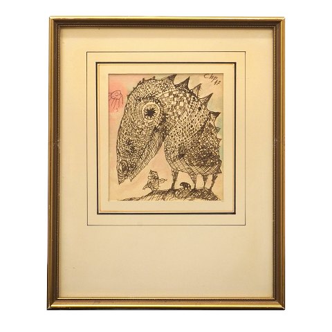 Carl-Henning Pedersen, 1913-2007, mixed media, 
water color and ink. Signed and dated 1947. 
Visible size: 16x14cm. With frame: 33x26cm