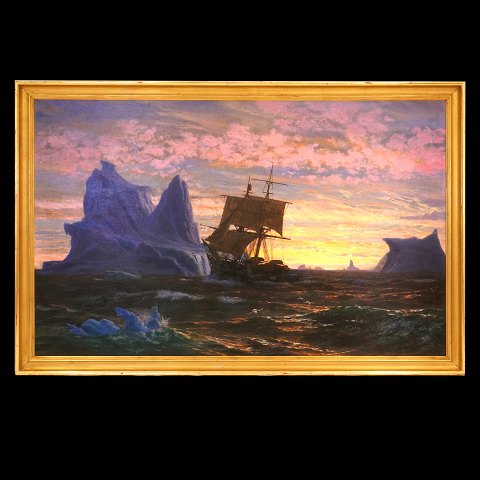 Jens Erik Carl Rasmussen, 1841-93, oil on canvas. 
Ship at the coast off Greenland. Signed and dated 
1872. Visible size: 98x156cm. With frame: 
112x170cm