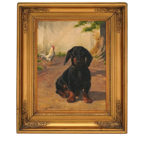 Simon Simonsen maleri. Simon Simonsen, 1841-1928, 
olie på lærred. Motiv i form af gravhund med høne. 
Signeret Simon Simonsen og dateret 1920. Lysmål: 
23x32cm. Med ramme: 54x43cm