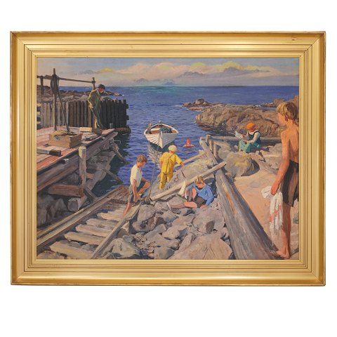 Erik William Johnsen, 1886-1948, oil on canvas. 
Summer day at Bornholm. Signed. Visible size: 
93x120cm. With frame: 110x137cm