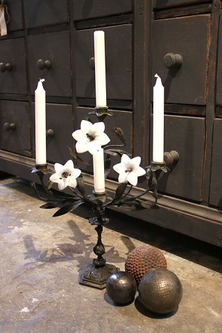 Antique, French candlestick in dark patinated bronze, decorated with 3 old white 
glass flowers...