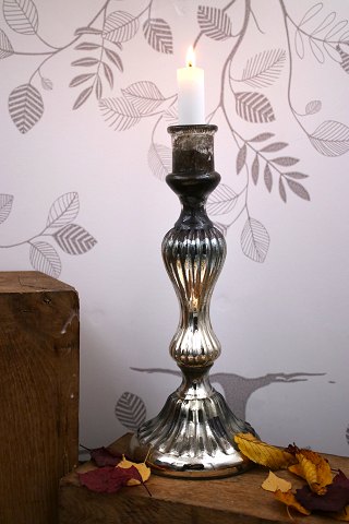 Antique French 19th century candlestick in fluted Mercury silver glass
with fine patina. Height: 29cm.
