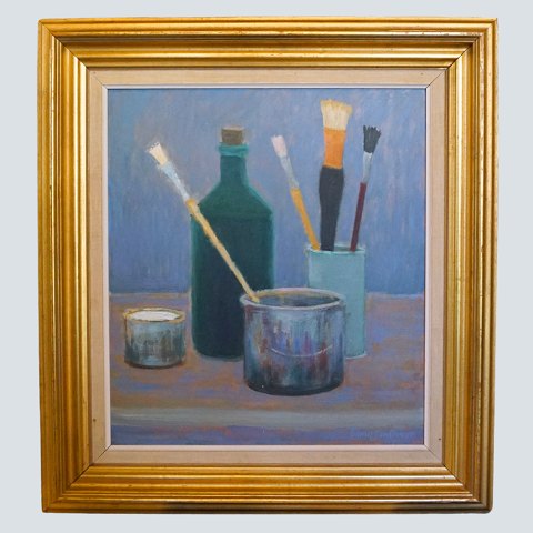 Folmer Bendtsen; Still life painting, Arrangement on table, 1955