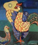 Danish artist. Oil on canvas. "Rooster and chicken". Mid-20th century.
