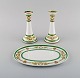 Limoges, France. Two candlesticks and a dish in hand-painted porcelain with 
green edge and gold decoration. 1930s / 40s.
