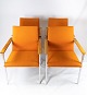 Set Of Four Armchairs - Orange Wool Fabric - Chrome Frame - Oak Armrests - 
Italian Design - 1960