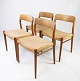 A set of four dining chairs, model 75, in oak and papercord designed by N.O. 
Møller from the 1960s. 
5000m2 showroom.
