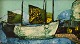 Sven Ahlgren (1922-1997), Sweden. Oil on board. Modernist landscape with fishing 
boat. Dated 1965.
