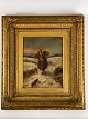 Oil painting antique gold frame by girl collecting 
firewood. 19th Century. Signed