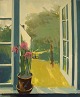 Erik O. Danish artist. Oil on canvas. Flowers in open window. 1960s.
