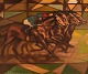 Curt Macell (b. 1933), listed Swedish artist. Oil on canvas. Jockeys on 
horseback. Cubist painting. Mid-20th century.
