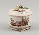 Louisbourg, Germany. 18th century large sugar bowl, hand painted with landscape 
scenes, lid with flowers in relief.