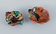 Vallauris, France, two leaf-shaped dishes in brightly colored glazes.