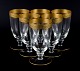 Rimpler Kristall, Zwiesel, Germany, six hand blown crystal drinking glasses with 
gold rim decorated with grapes and vine leaves.