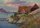 Emanuel Aage Petersen (1894-1948), Oliemaleri på lærred.
Grønlandsk bygd. I baggrunden Kongeskibet.