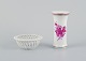 Herend, Hungary, Chinese Bouquet Raspberry, small bowl with wicker work and 
small vase.
