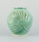 French ceramicist, large unique vase in green-blue glaze.
Designed with relief palm leaves.
