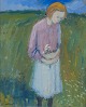 Pär Lindblad, listed Swedish artist, oil on board, modernist landscape with girl 
in flower field. Melancholic atmosphere.