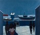K. Westerberg, also known as Knud Horup, listed Danish artist, oil on canvas. 
Modernist style. Harbor scene with people.