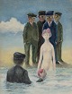 Uwe Bahnsen (1930-2013), Tysk kunstner. Olie på papir. Surrealistisk maleri med 
personer.