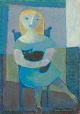 Hans Sørensen (1906-1982), dansk kunstner.
Modernistisk portræt af siddende kvinde med kat.