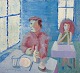 Ingvar Engdahl, Swedish artist, oil on board.
Interior with two people in modernist style.