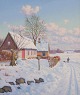 Svend Drews, oil on canvas. Danish idyllic winter landscape. Houses with 
snow-covered roofs.