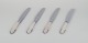 Georg Jensen, et sæt på fire Kugle middagsknive med kort skaft i tretårnet sølv 
med blad i rustfrit stål.