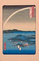 Ando Hiroshige, Japanese woodblock print on Japanese paper. 
Tsushima Kaigan Yubare.
Landscape with boats on the water.