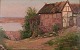 Christian Zacho (1843-1913), dansk kunstner.
Olie på malerplade. Dansk sommerlandskab. Stråtækt hus ved sø med udsigt over 
marker.
