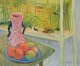 Einar Lindberg (1916-1993), listed Swedish artist. Oil on canvas. Still life 
with an aquarium, pitcher, and fruits.